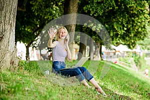 Girl laptop outdoors. Efficient and productivity. Employee work outdoors. Being outdoors exposes workers to fresher air