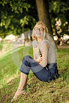 Girl laptop outdoors. Employee work outdoors. Being outdoors exposes workers to fresher air and environmental variations