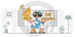 Girl with laptop and satellite dish for IoT, vectorised in modern style. photo