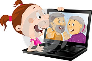 Girl with Laptop Skype with her Old Grandparents - Cartoon Vector Illustration Isolated photo