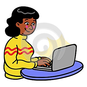 Girl with Laptop on the Table Cute Cartoon Illustration