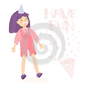 Girl is laughing and inscription have fun. Illustration in cartoon style. Greeting card for birthday. Welcome sign for