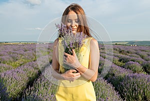 Girl in Lavender field in yellow