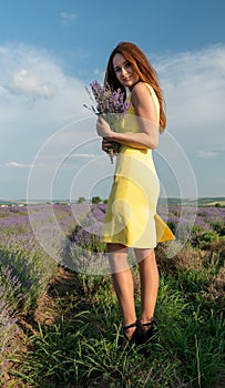 Girl in Lavender field in yellow