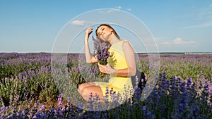 Girl in Lavender field in yellow