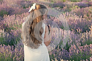 girl in lavender sunset with copy space. summer girl in lavender field enjoying freedom and nature. summer girl with of