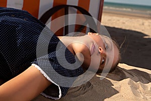 Girl sun sand beach, De Panne, Belgium