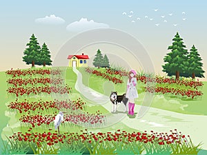 A girl leading a dog on a hillside walkway with green fields background