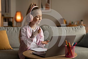 Girl Learning Online Making Video Call On Laptop At Home