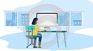 Girl Learning Online Using Educational Website Indoors, Blue Background, Illustration