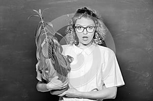Girl learning about plant in school class. school nature study. teacher woman in glasses at biology lesson. tree of