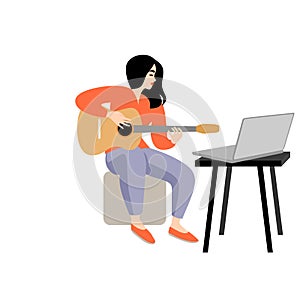 The girl is learning to play the guitar. Online learning. Vector illustration