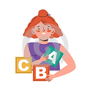 Girl learns the alphabet. Preschool education. Child studying English. Colorful abc phonics flash cards for kindergarten