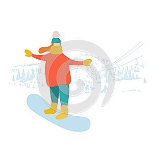 Girl learns to snowboard. Skii Resort sketch background photo