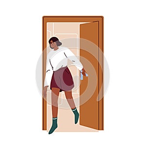 Girl leaving home room, closing door. Young black woman going out, exiting outside. Female character escaping from house