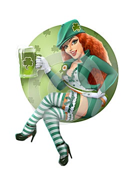 Girl in leprechaun suit with beer. Saint Patrick day.