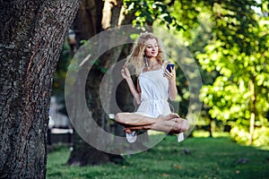 Girl levitates in nature