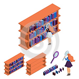 Girl in library in the bookcase looking for a book with an exaggerated large magnifying glass