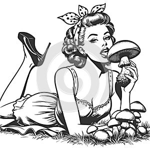 girl licks mushroom engraving raster illustration