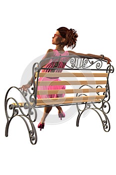 A girl in a light summer pink dress sitting on a park bench