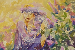 girl in a lilac dress and a wreath of flowers on her head among lilac pink flowers of lilacs