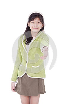 Girl in lime green sweater extending hand in greeting photo