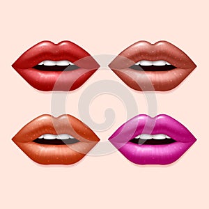 Girl lips with varicolored lipstick vector set