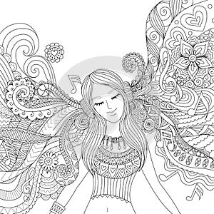 Girl listen to music adult coloring book photo