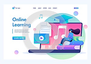 Girl listening to audio lessons, online training. Flat 2D character. Landing page concepts and web design