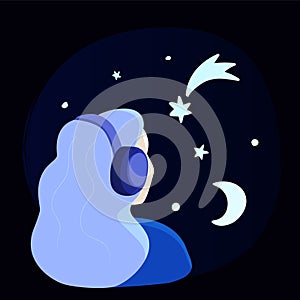 Girl listening to music in headphones, with mind full of stars. Cosmic meditative lo-fi music concept. Vector