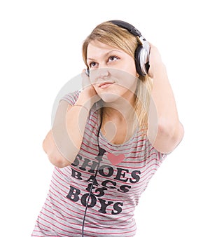 The girl listens to music