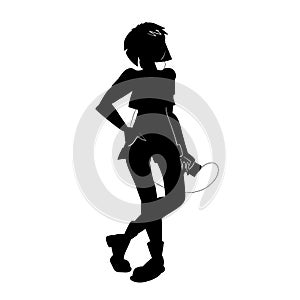 The girl listens to music in player. Black and white isolated silhouette with contour. Vector illustration