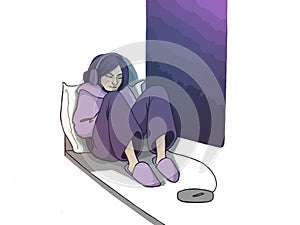 The girl listens to music by the window. Purple night