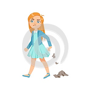 Girl Littering Teenage Bully Demonstrating Mischievous Uncontrollable Delinquent Behavior Cartoon Illustration