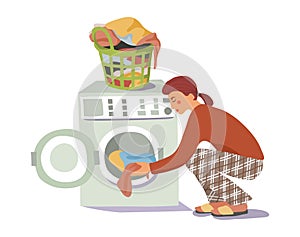 The girl loads the dirty laundry into the washing machine. Woman washes. Hand-drawn vector flat cartoon illustration.