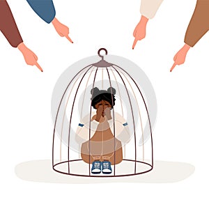 Girl locked in cage. Fingers pointing on sad african woman. Depressed teenager hugging knees and crying. School bullying