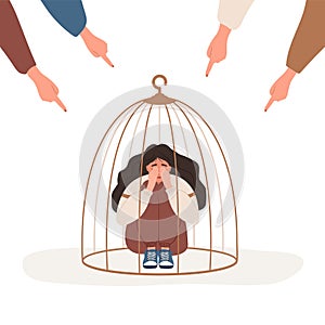 Girl locked in cage. Fingers pointing on sad woman. Depressed teenager hugging knees and crying. School bullying