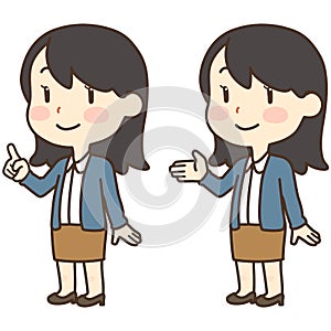 Girl with long black hair standing explaining and pointing