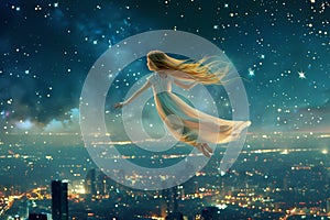 The girl with long blonde hair and wearing white night dress in flight over a night city