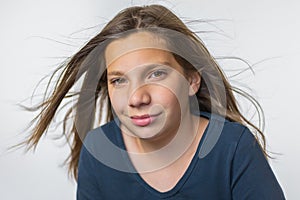 Girl with long blown hair