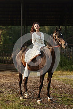 Girl in a long dress riding a horse, a beautiful woman riding a horse in a field in autumn. Country life and fashion, noble steed