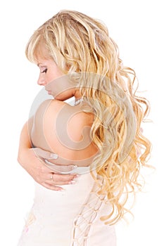 Girl with long fair hair from back