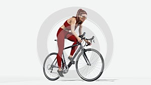 Girl with long hair on bicycle, athletic woman in sports outfit riding a bike on white background, 3D render