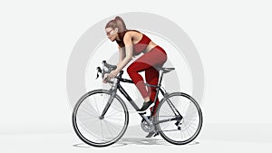 Girl with long hair on a bicycle, redhead athletic woman in sports outfit riding a bike, 3D render