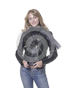 Girl with long hair and biker jacket