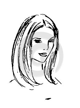 A girl with long hair with a black outline