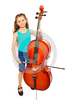Girl with long hair holds string to play cello