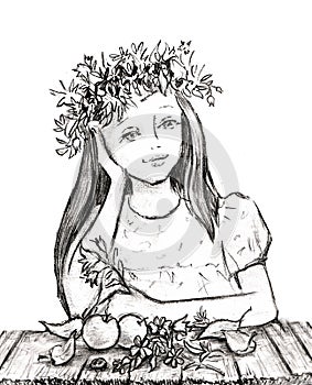 A girl with long hair sitting at a table with a flower in her hand and with a wreath on her head of flowers