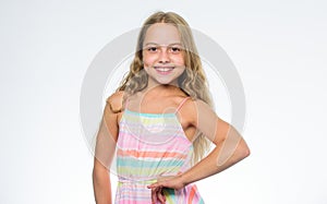 Girl long hair smiling face white background. Natural beauty. Teaching your child healthy hair care habits. Hair care