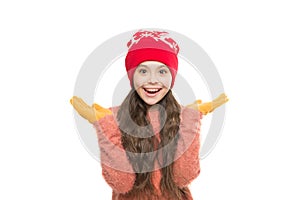 Girl long hair wear fur hat white background. Winter shampoo and conditioner prevent hair damage. Static and frizz